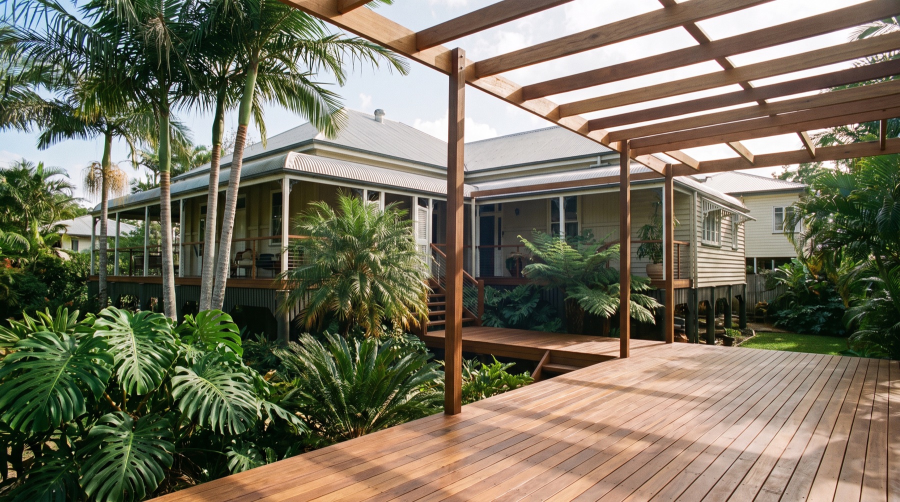 A timber pergola frame over a new hardwood deck beside tropical planting