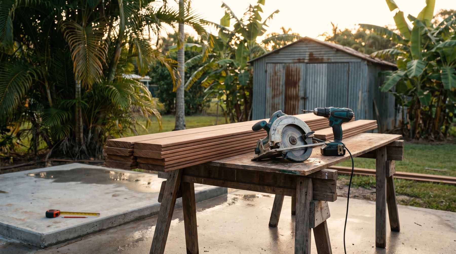 Stacked hardwood decking boards and tools on a trestle at a job site