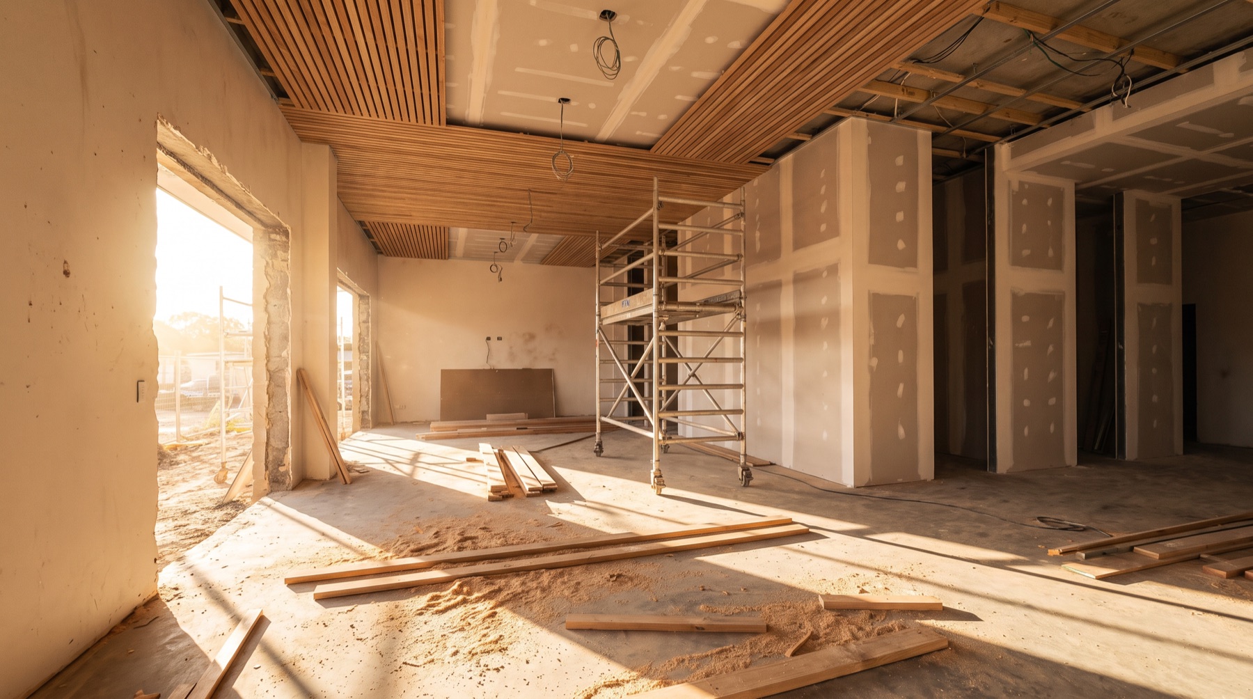 A commercial fit-out under construction with a timber batten ceiling partly installed