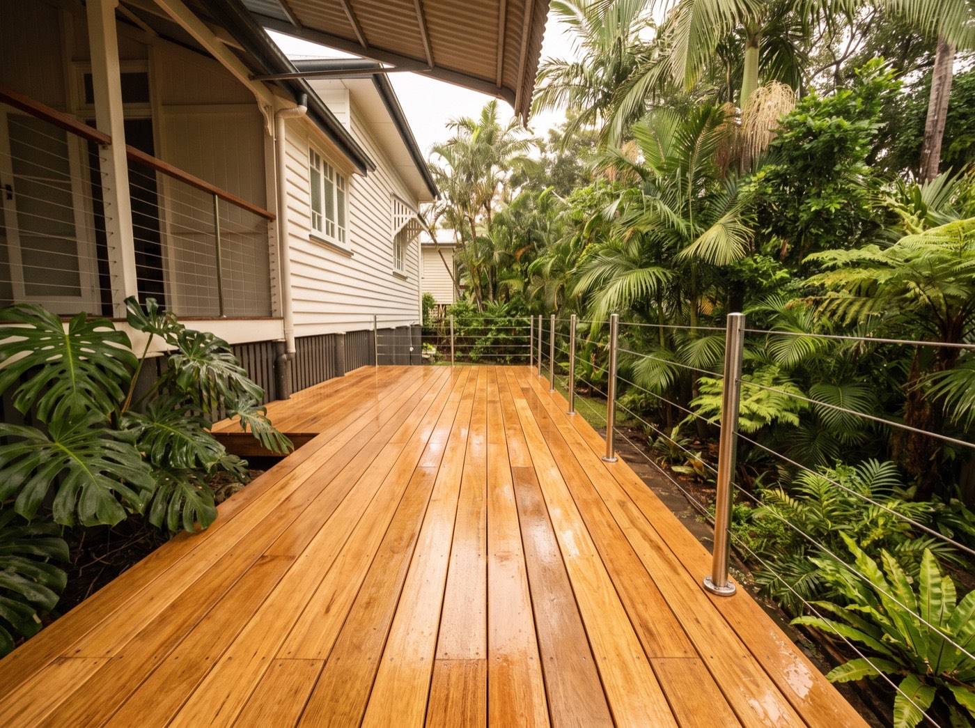 A hardwood deck running along the side of a Queensland home with palms beside it