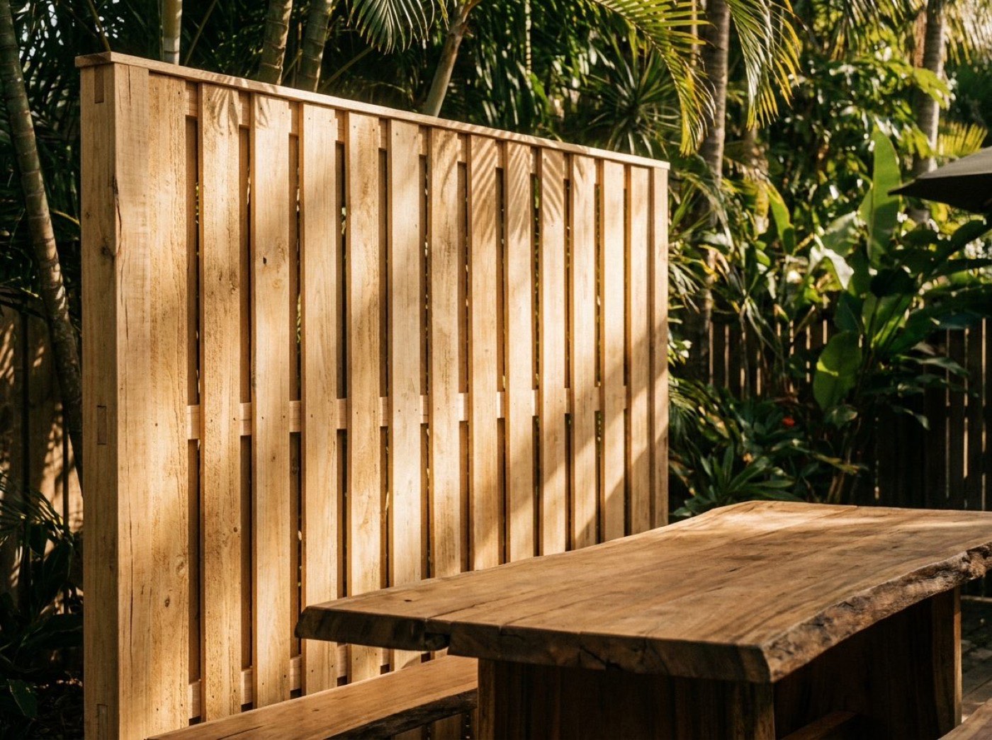 A timber privacy screen beside a live-edge timber bench in a tropical garden