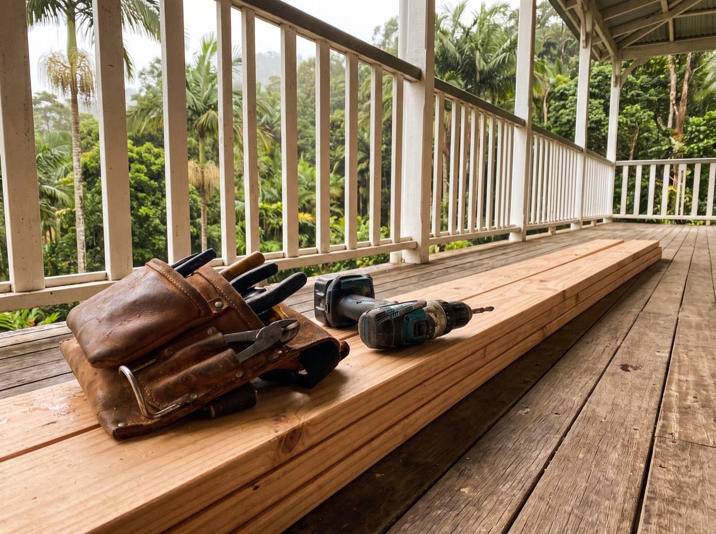 A leather tool belt, a cordless drill and a stack of dressed timber on a timber verandah