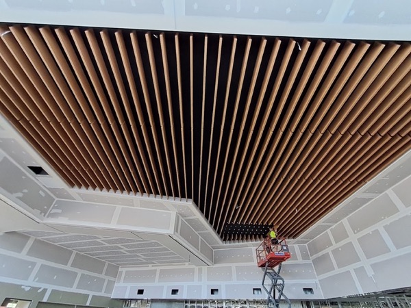 A curved slatted timber ceiling above a plasterboard interior
